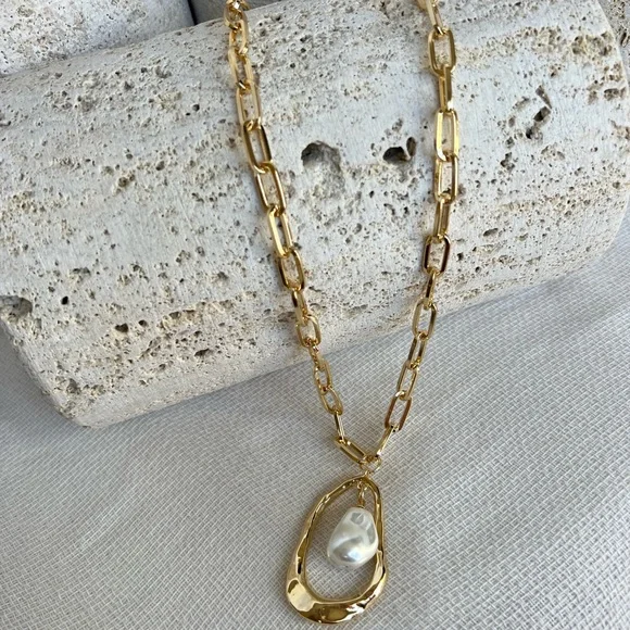 Gold and Pearl Pendant Paperclip Necklace 18in + 3in Layering Necklace NWT - Picture 5 of 8